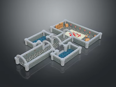 3D Model of Intricate Structure With Stone Pathways Water Pools and Red Decorations 3d model