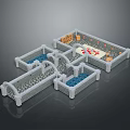 3D Model of Intricate Structure With Stone Pathways Water Pools and Red Decorations