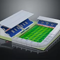 Modern Football Stadium With White Roof Blue Seats And Green Pitch