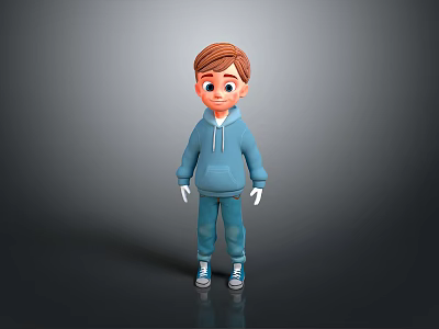 Cartoon Boy Character Wearing Blue Hoodie Brown Hair And White Gloves Standing 3d model