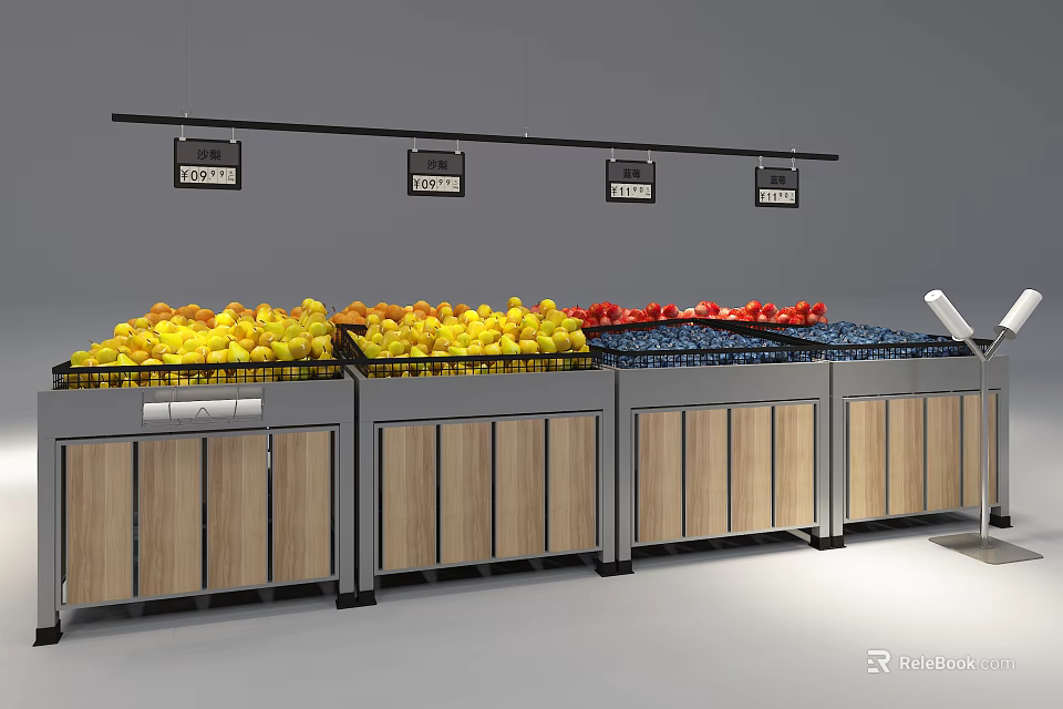Fresh Fruits Display Shelves With Wooden And Metal Structure And Price Tags 3d model 