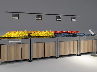 Fresh Fruits Display Shelves With Wooden And Metal Structure And Price Tags 3d model