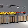 Fresh Fruits Display Shelves With Wooden And Metal Structure And Price Tags