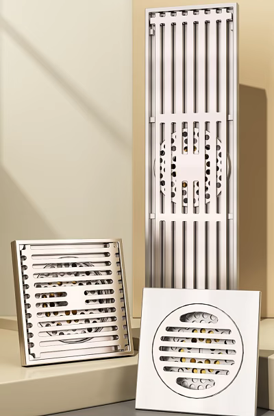 Modern Bathroom Accessories With Grid Pattern And Round Decorative Drain Covers 3d model