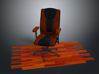 Black And Brown Office Chair With Armrests On Wheeled Base Wooden Floor 3d model