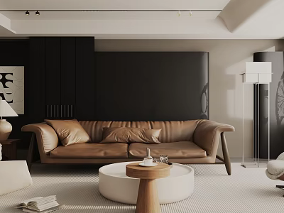 Modern Living Room Interior With Brown Leather Sofa White Round Coffee Table And Black Wall 3d model