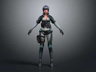 Futuristic Female Sci Fi Character in Armored Tactical Suit with Glowing Blue Accents and Short Hair 3d model