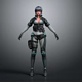 Futuristic Female Sci Fi Character in Armored Tactical Suit with Glowing Blue Accents and Short Hair
