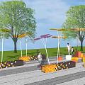 Outdoor Pergola In Park Area With Trees Colorful Block Seats And People