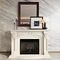 White Carved Fireplace With Framed Artwork Table Lamp Mirror And Marble Patterned Walls 3d model