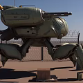 Camouflage Painted Mechanical Crab Sculpture With Cannons Barbed Wire Wooden Crates Oil Drums Blue Sky