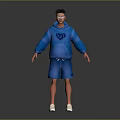 3D Character Model Wearing Blue Hoodie And Blue Shorts With White Shoes On Gray Background