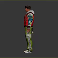 Male 3D Character with Red Vest Colorful Sleeves Green Pants White Stripes and White Shoes