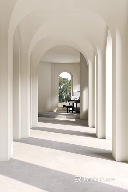 Elegant White Arched Interior With Black Piano And Green Trees Outside Window 3d model
