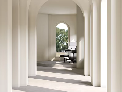 Elegant White Arched Interior With Black Piano And Green Trees Outside Window 3d model