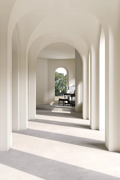 Elegant White Arched Interior With Black Piano And Green Trees Outside Window 3d model