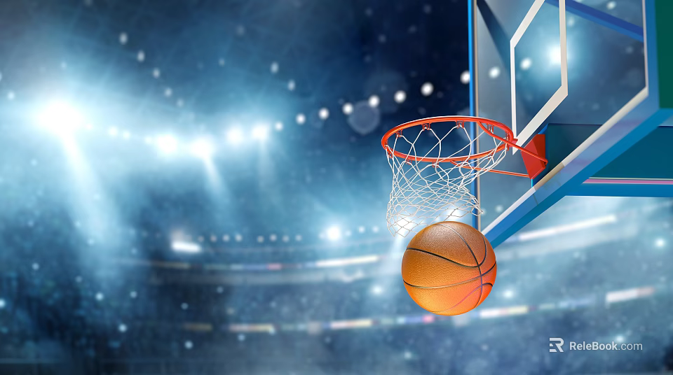 Professional Basketball Hoop With Net And Game Ready Ball In Stadium Lights 3d model 