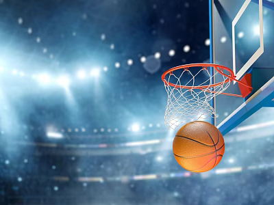 Professional Basketball Hoop With Net And Game Ready Ball In Stadium Lights 3d model