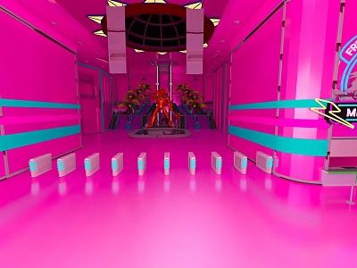 Modern Pink Interior Scene With Central Installation Blue Lines And Ceiling Lighting 3d model