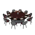 Modern Round Dining Table And Chairs Set With Red Tabletop Tableware Wine Glasses And Vase 3d model