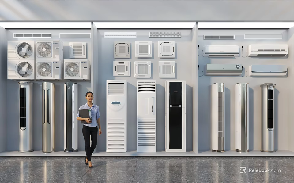 Air Conditioners And Fans Showroom Displaying Various Types Of Wall Mounted And Floor Standing Products 3d model 