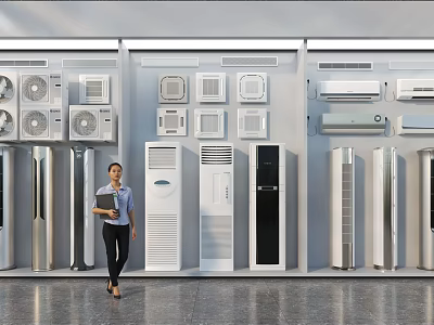 Air Conditioners And Fans Showroom Displaying Various Types Of Wall Mounted And Floor Standing Products 3d model