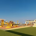 Colorful Children's Play Area With Slides Climbing Structures And Green Grass