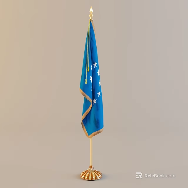 Blue Flag With White Stars And Gold Edge Mounted On Wooden Pole 3d model 