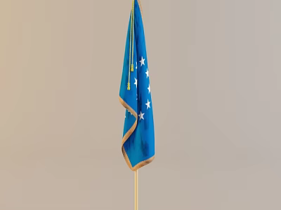 Blue Flag With White Stars And Gold Edge Mounted On Wooden Pole 3d model