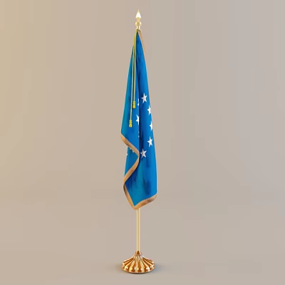 Blue Flag With White Stars And Gold Edge Mounted On Wooden Pole 3d model
