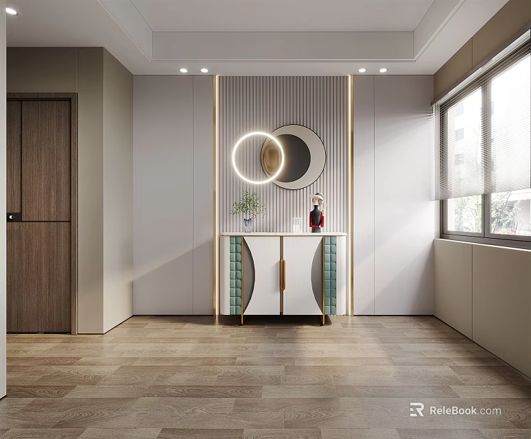 Modern Entryway Hallway Design With Round Mirror Striped Wall Panel And Recessed Lighting 3d model