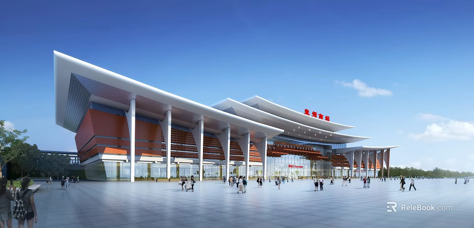 Modern Train Station Exterior With White Roof Red Walls White Pillars Spacious Square And Pedestrians 3d model 