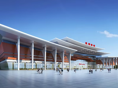 Modern Train Station Exterior With White Roof Red Walls White Pillars Spacious Square And Pedestrians 3d model
