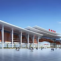 Modern Train Station Exterior With White Roof Red Walls White Pillars Spacious Square And Pedestrians