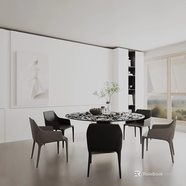 Modern Round Dining Table Set With Black Gray Chairs White Wall Artwork Greenery Window View 3d model 