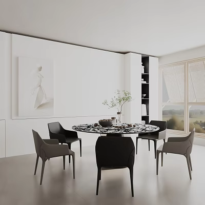 Modern Round Dining Table Set With Black Gray Chairs White Wall Artwork Greenery Window View 3d model