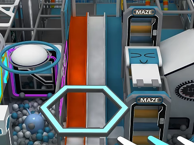 Colorful Interactive Landscape Sculpture With Maze Slide Ball Pit And Neon Frames 3d model