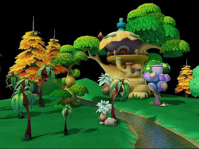 Enchanted Forest With Vibrant Colorful Trees Mushroom Treehouse Stream And Lush Plants 3d model