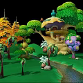 Enchanted Forest With Vibrant Colorful Trees Mushroom Treehouse Stream And Lush Plants