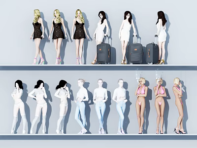 Multiple Women in Different Outfits Standing with Luggage and Poses 3d model