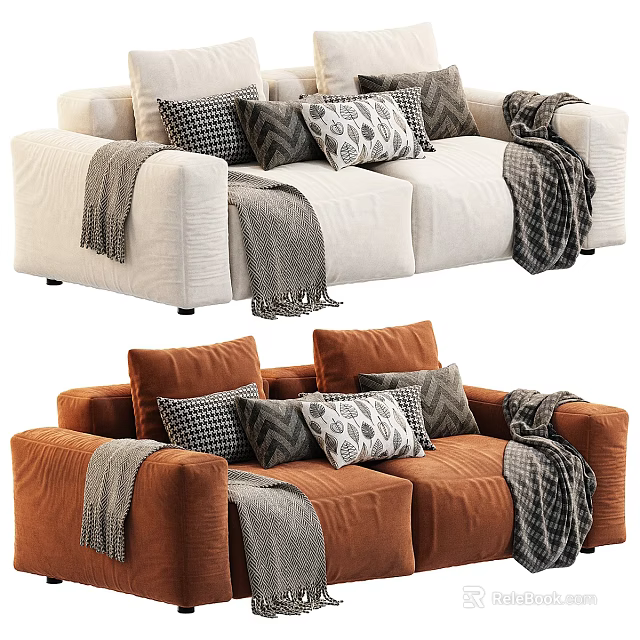 Modern Cozy Two Seater Sofas in White and Orange with Patterned Pillows and Soft Blankets 3d model
