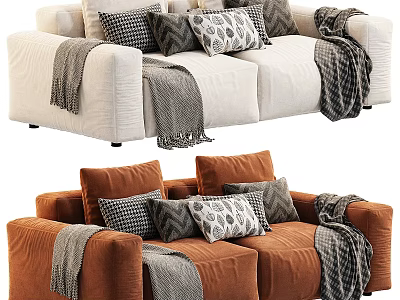 Modern Cozy Two Seater Sofas in White and Orange with Patterned Pillows and Soft Blankets 3d model
