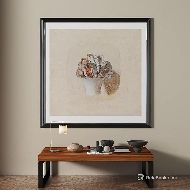 Modern Abstract Painting In Neutral Tones With Textured Forms And Black Frame Design 3d model 