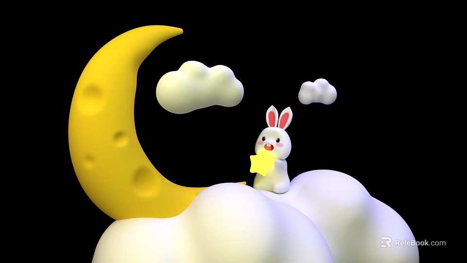 White Rabbit Holding Yellow Star On White Clouds With Yellow Crescent Moon 3d model 