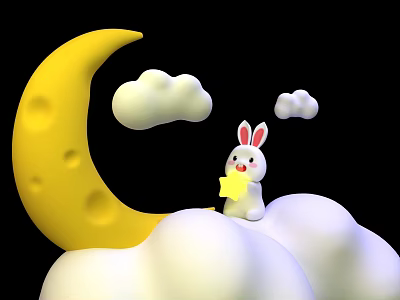 White Rabbit Holding Yellow Star On White Clouds With Yellow Crescent Moon 3d model
