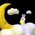 White Rabbit Holding Yellow Star On White Clouds With Yellow Crescent Moon