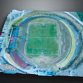 Aerial View of Football Stadium with Green Grass Field White Lines and Colorful Stands