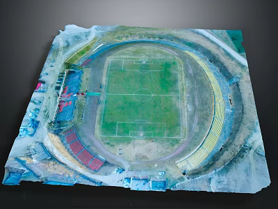 Aerial View of Football Stadium with Green Grass Field White Lines and Colorful Stands 3d model