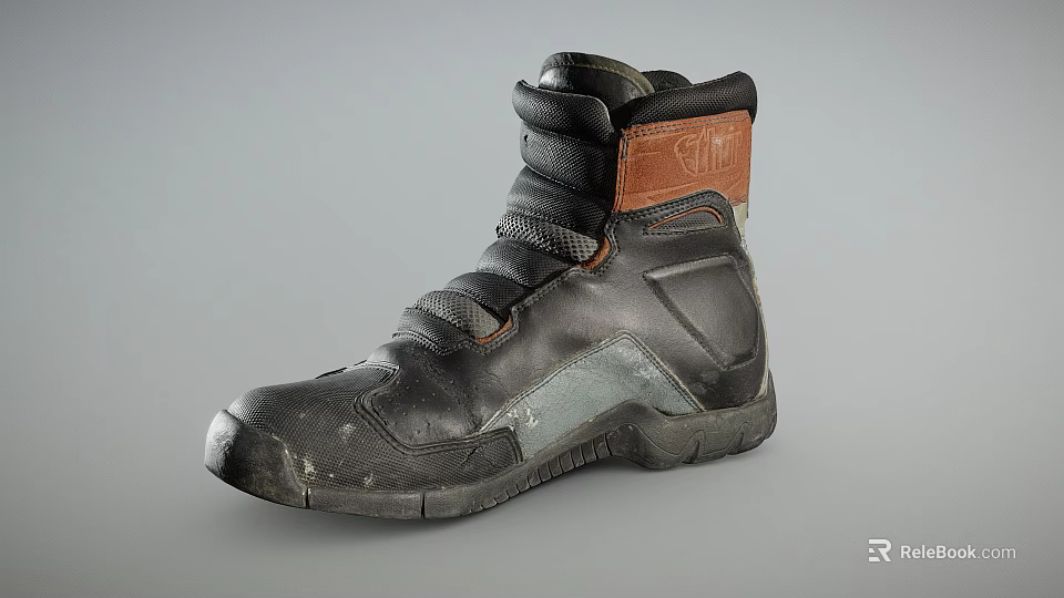 Black High Top Leather Shoes With Brown Ankle Accents And Thick Sole Design 3d model 