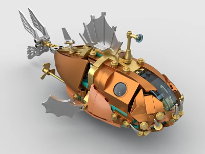 Steampunk Style Orange Fish Building Blocks Model with Mechanical Details and Metallic Accents 3d model